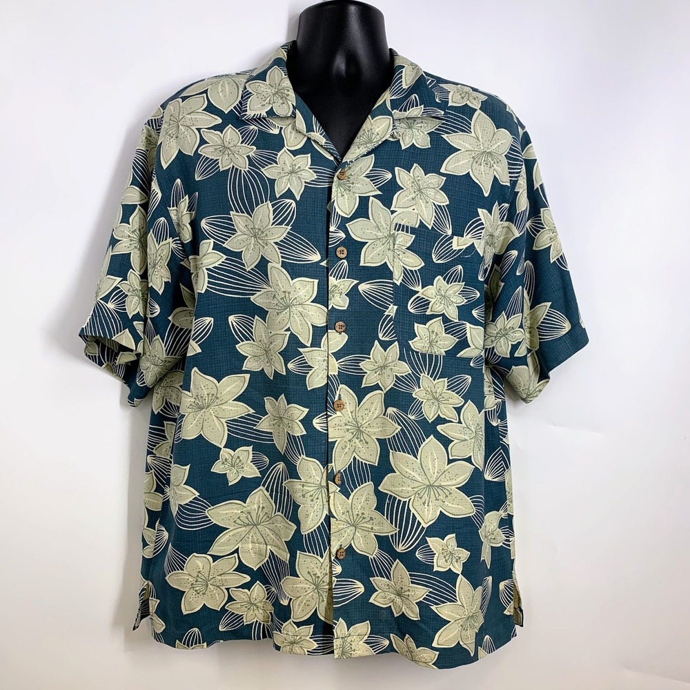 Tommy Bahama Mens Silk Short Sleeve Hawaiian Shirt Blue Floral Aloha M